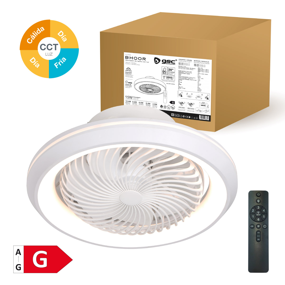 Ventilador techo rotativo Bhoor con luz CCT regulable y mando Ø50 7 aspas DC Blanco
