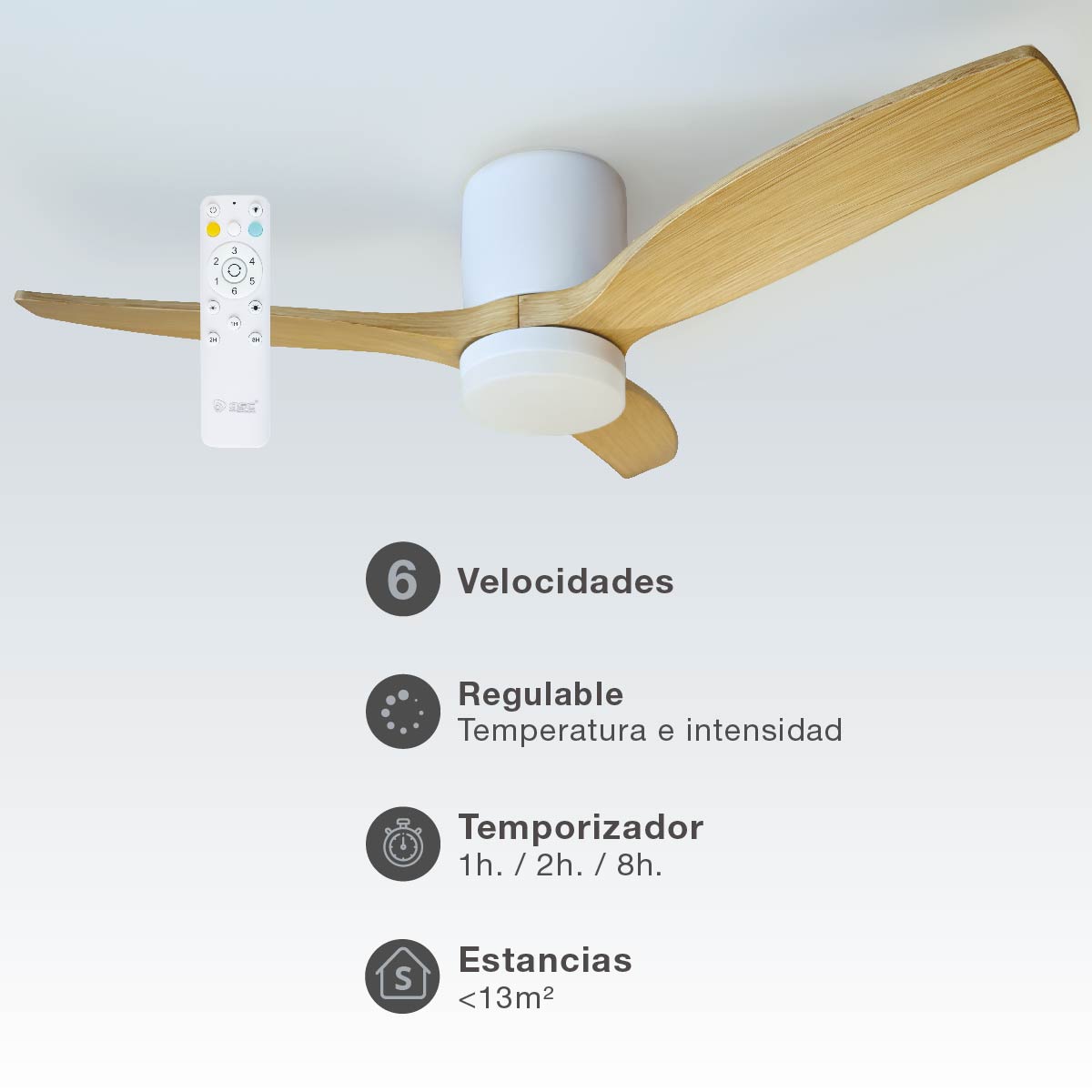 Ventilador techo Matipa con luz CCT regulable y mando Ø106 3 aspas DC Blanco
