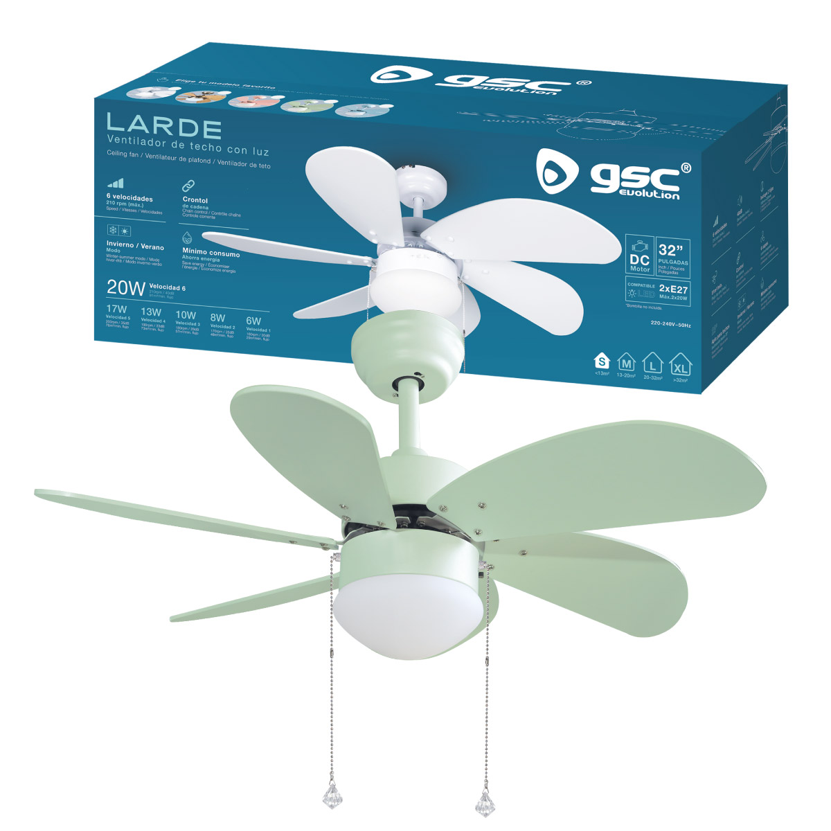 Ventilador techo Larde 2xE27 Ø82 6 aspas DC Verde