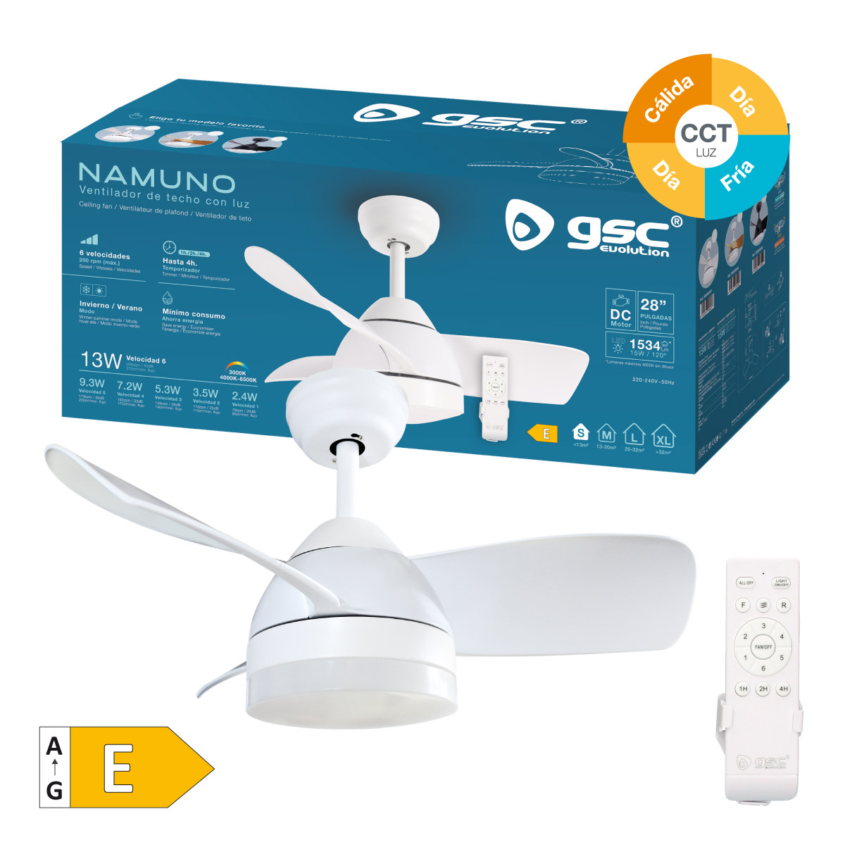 Ventilador techo Namuno con luz CCT regulable y mando Ø71 3 aspas DC Blanco