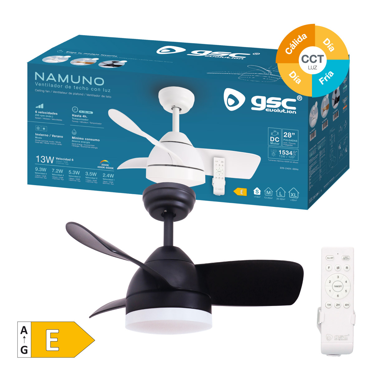 Ventilador techo Namuno con luz CCT regulable y mando Ø71 3 aspas DC Negro