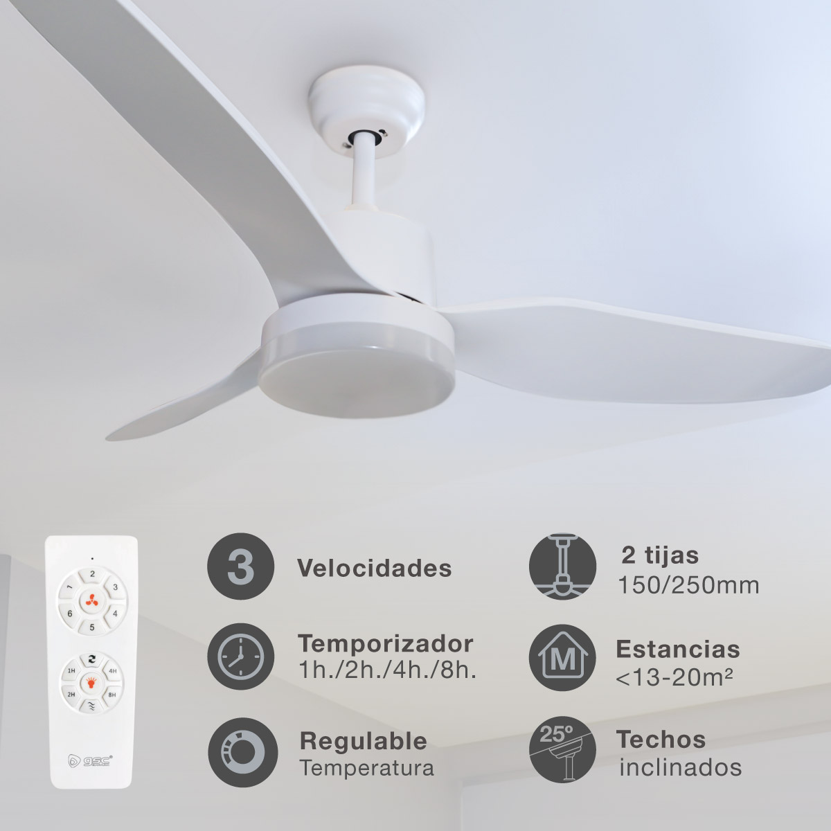 Ventilador techo Bumera con luz CCT regulable y mando Ø116 3 aspas Blanco