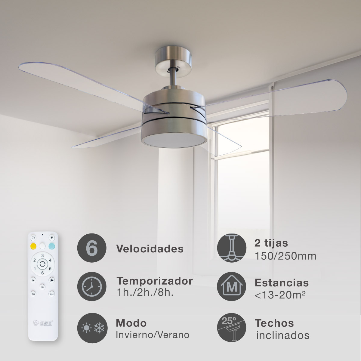 Ventilador techo Seram con luz CCT regulable y mando Ø112 4 aspas DC Níquel