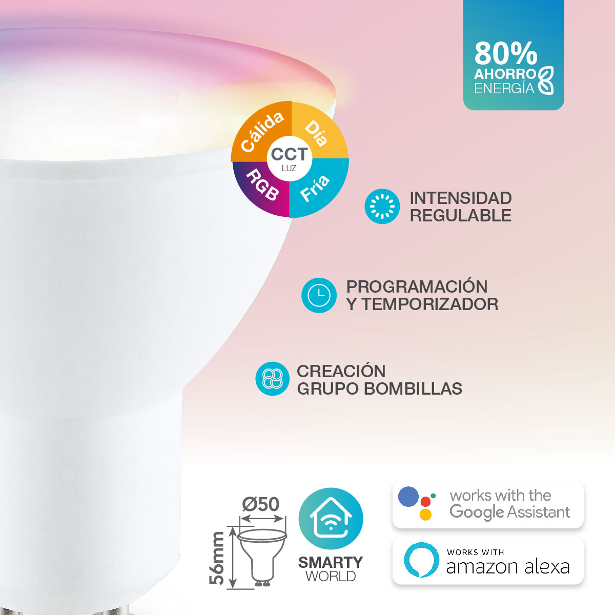 Lámpara LED dicroica inteligente 5,5W GU10 RGB + CTT regulable