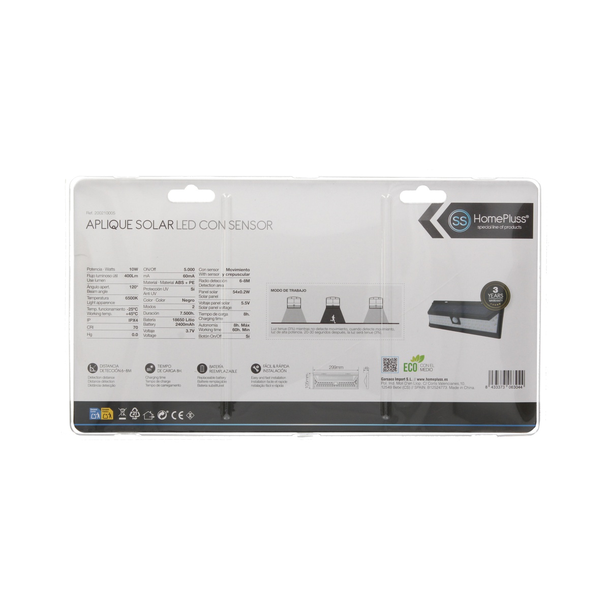 Aplique solar LED con sensor 10W 6500K Negro- 5u caja exp