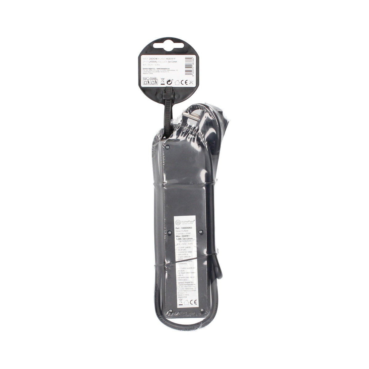 Base múltiple 3T + Int. (3x1.0mm) 1,5M Negra - 5u retráctil