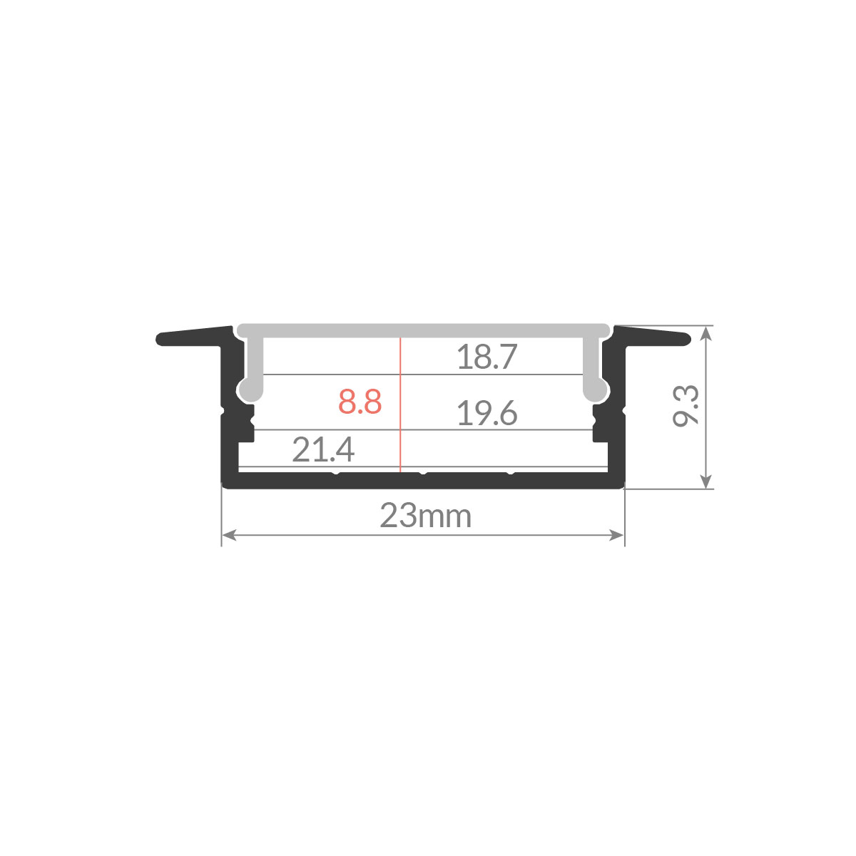 Kit perfil aluminio traslúcido empotrable 2M para tiras LED hasta 19mm
