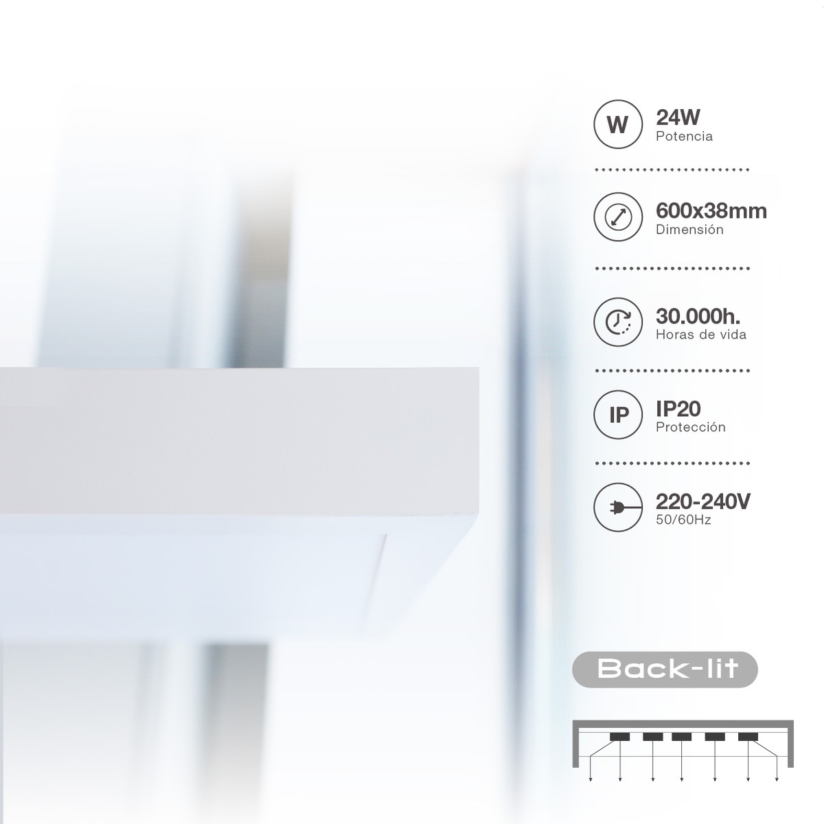 Panel superficie LED rectangular Kisongo 24W 6000K Blanco