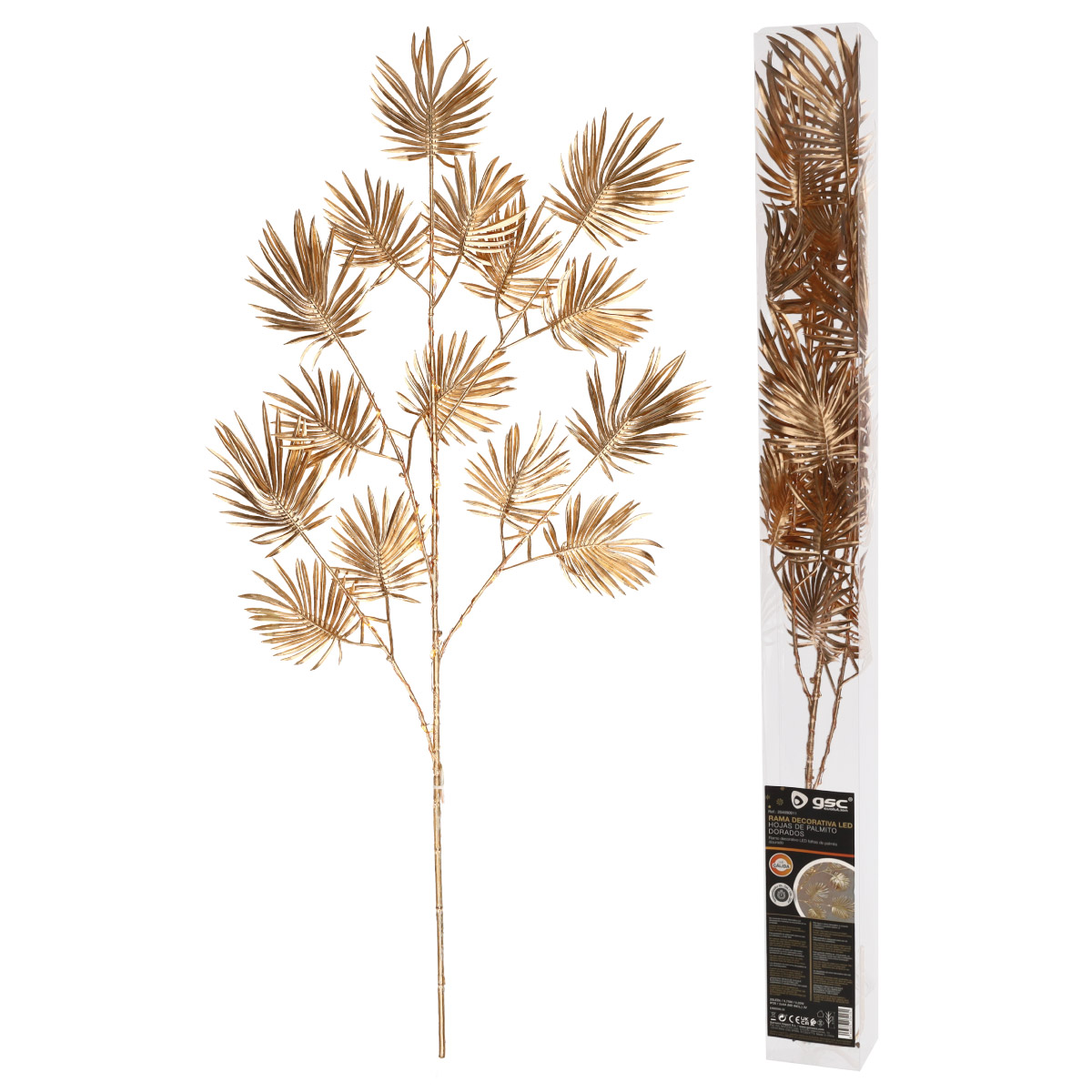 Rama decorativa LED de hojas palmito doradas 0,75M Luz cálida