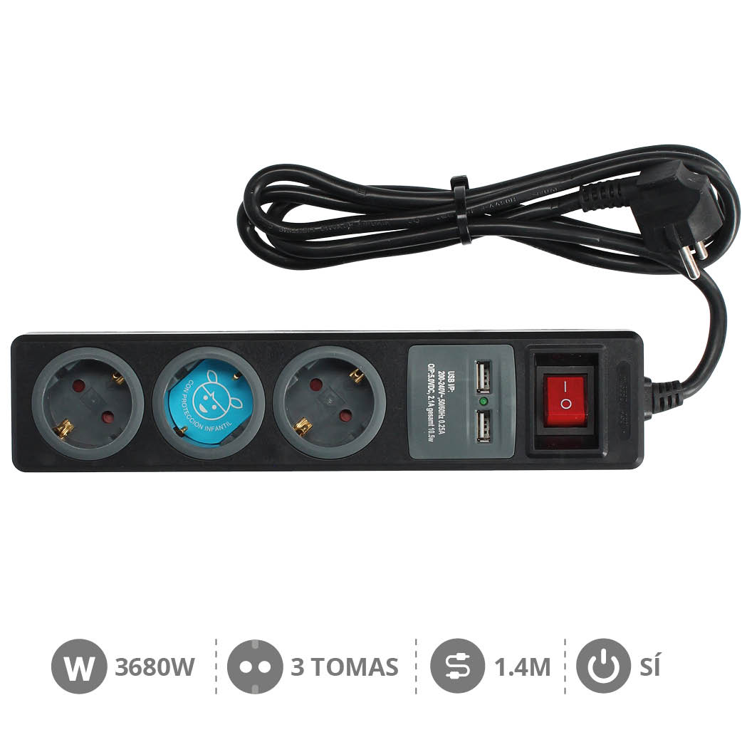 Bloco de 3T + 2 USB + Int. (3x1.5mm) 1,4M