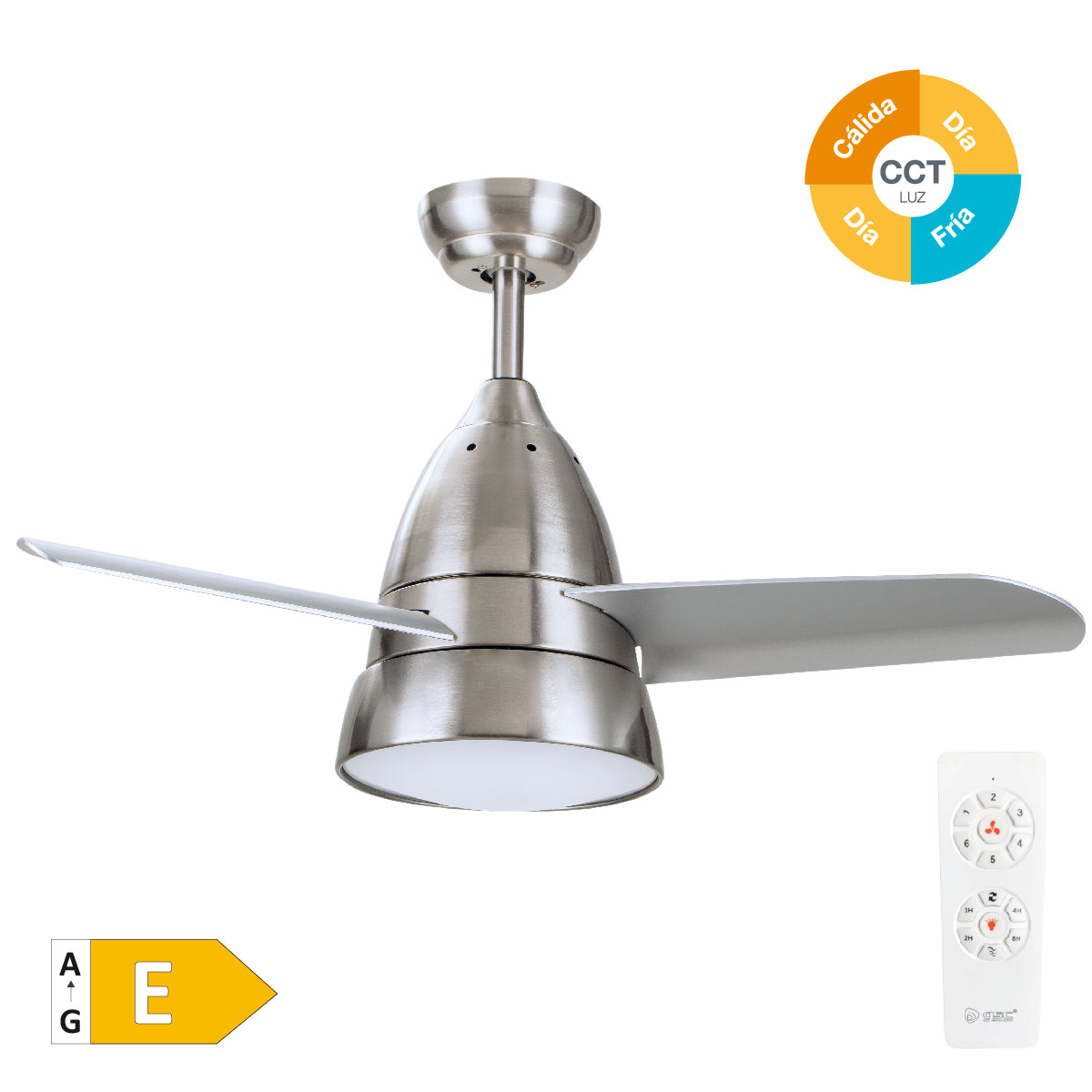 Ventilador techo Kidau con luz CCT regulable y mando Ø93 3 aspas Níquel