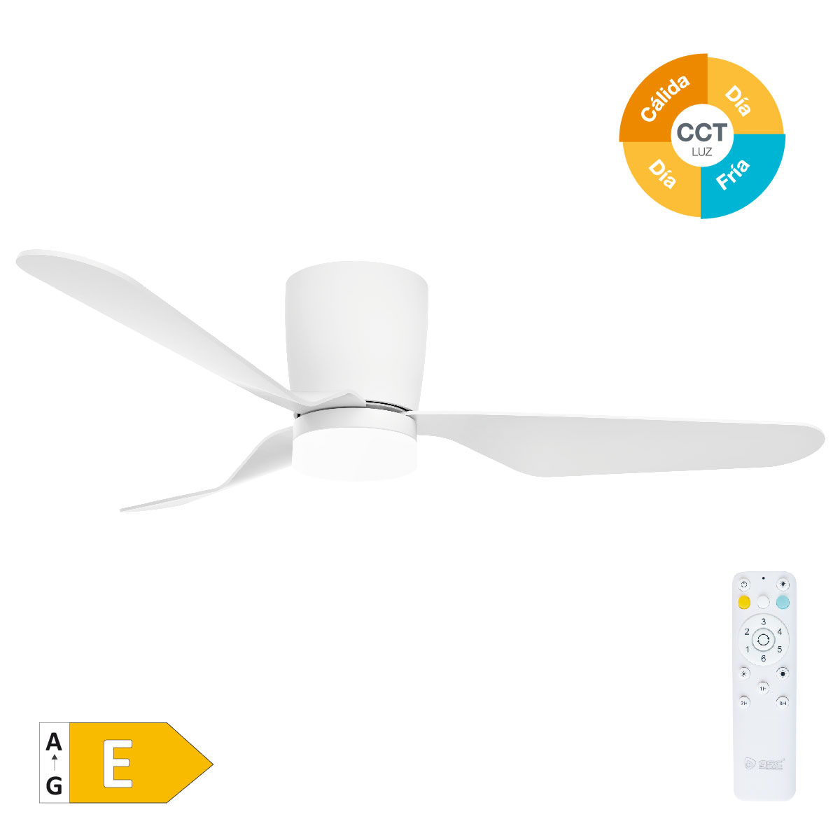 Ventilador de techo con mando 52' motor DC 3 aspas Blanco
