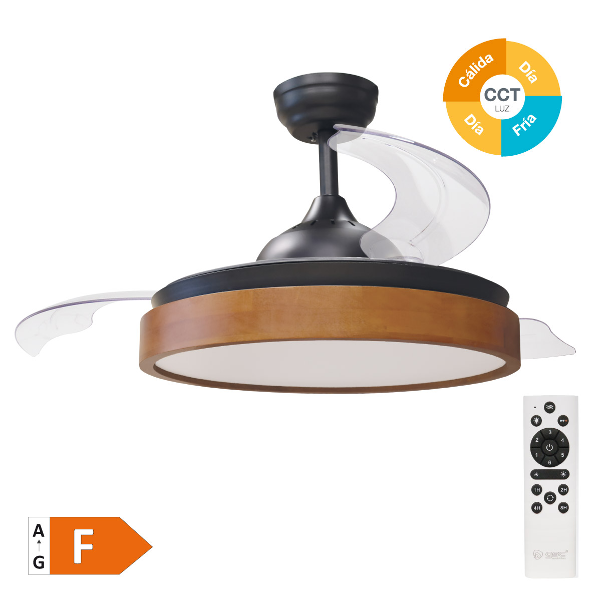 Ventilador de techo con mando 42' motor DC CCT aspas retractiles Blanco/Madera (copia)