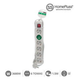 [008000825] 6 way socket White with switch (3x1.0mm) 1,5M wire