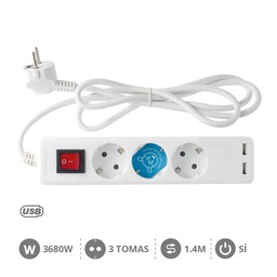 [100000000] Bloco de 3T + 2 USB + Int. (3x1.5mm) 1,4M Blanca
